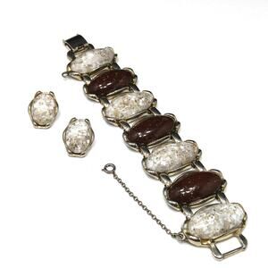 Vintage Confetti Lucite Cabochon Bracelet Earrings Set Brown White